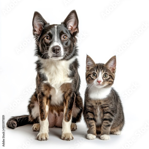 Cute dog and kitten sitting together isolated on white background in studio