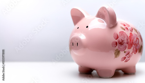 pink flowered piggy bank with coin on side position provides copy space for text. background concept isolated white