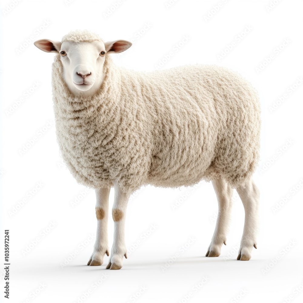 Fototapeta premium Fluffy white sheep standing, facing camera against a plain white background