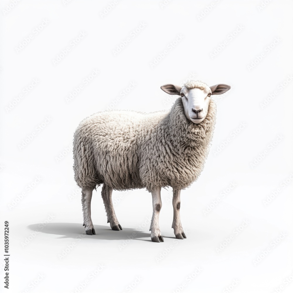 Woolly sheep standing alone indoors on white background, facing camera Woolly sheep standing alone indoors on white background, facing camera