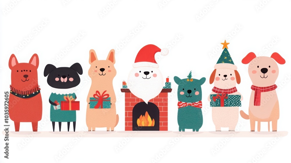 Joyful Dogs Celebrate Christmas by the Fireplace Joyful Dogs Celebrate Christmas by the Fireplace