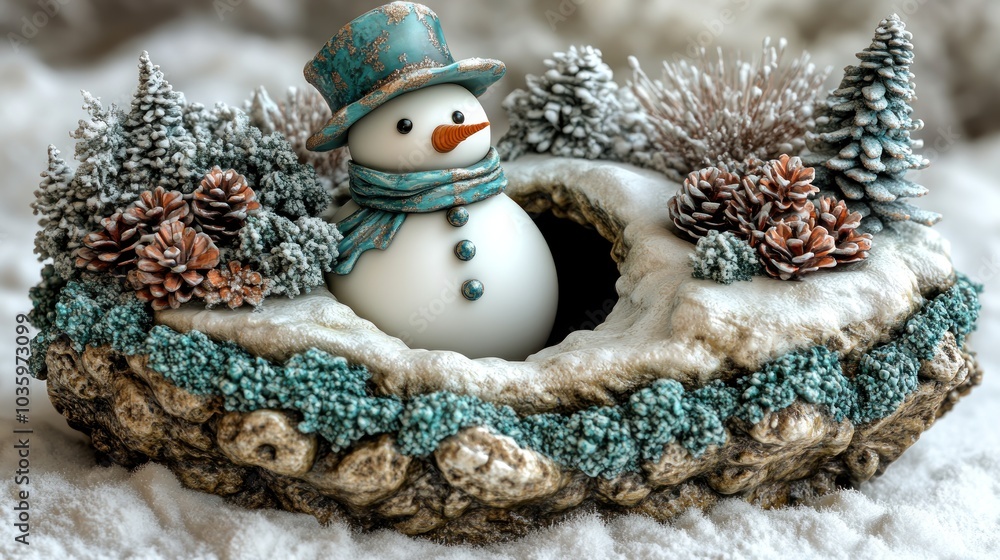Obraz premium A charming snowman with a blue hat sits amidst snow-covered trees and pinecones