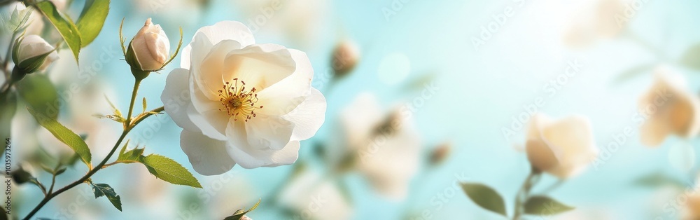 A banner with a blurred background featuring blooming white rose hips on the left side, set against a clear blue sky for copy space and text Generative AI A banner with a blurred background featuring blooming white rose hips on the left side, set against a clear blue sky for copy space and text Generative AI