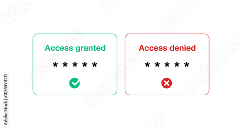 Access granted and denied. Pop up window with security alert and hacker attack prevention, surveillance and hack protection. Vector illustration