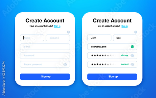 Create account UI. Sign up and log in form with personal user data, modern mobile application page with user profile input fields. Vector layout