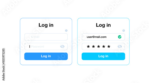 Login form. Web page user authorization with name and password, website member account registration with security captcha. Vector template