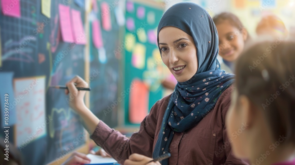 Obraz premium Collaborative learning: teacher engaging with students in classroom setting for interactive learning, World Hijab Day