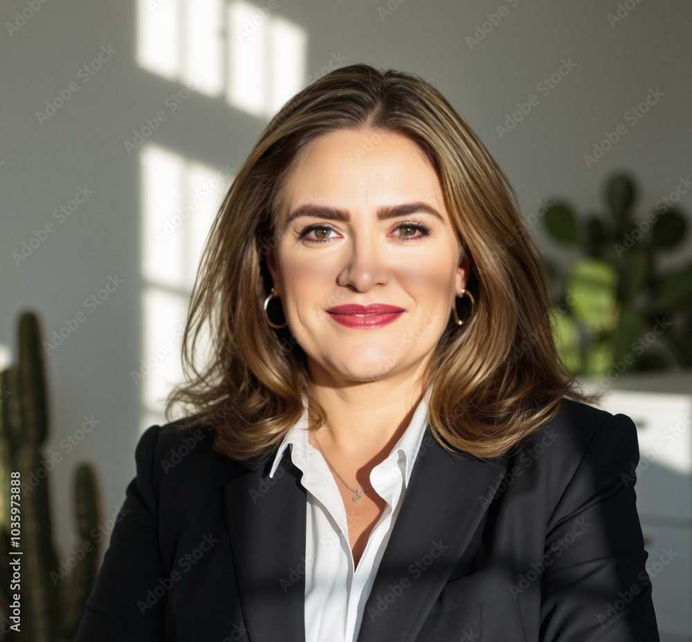 smiling woman in their 40s with long hair, refined suit, office manager, bright natural sunlight smiling woman in their 40s with long hair, refined suit, office manager, bright natural sunlight