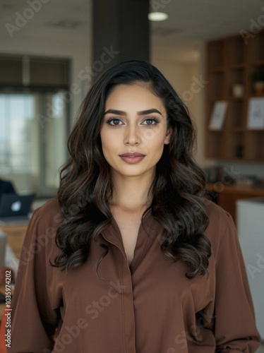 pretty woman in her 30s, office manager, brown tunic, reception area counter, diffused lighting