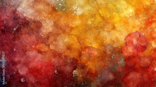 Vibrant reds, oranges, and yellows form a warm, textured burst of color