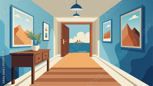 The hallway is adorned with framed prints of seaside landscapes and a wooden console table displaying coastalinspired decor.