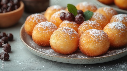 A soft, fluffy treat with powdered sugar and dried fruits awaits your delight