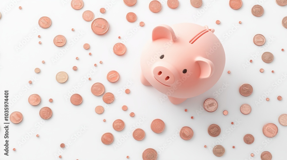 Pink piggy bank surrounded by scattered coins, isolated on a white ...