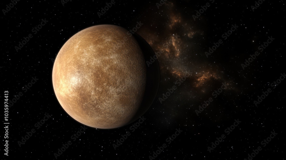 Mercury's rugged terrain gleams as starlight illuminates the cosmos around it Mercury's rugged terrain gleams as starlight illuminates the cosmos around it