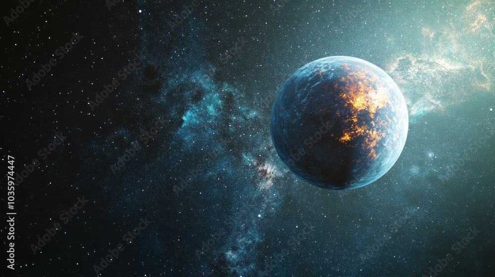 A dynamic planet glows amidst a stunning cosmic backdrop filled with stars A dynamic planet glows amidst a stunning cosmic backdrop filled with stars