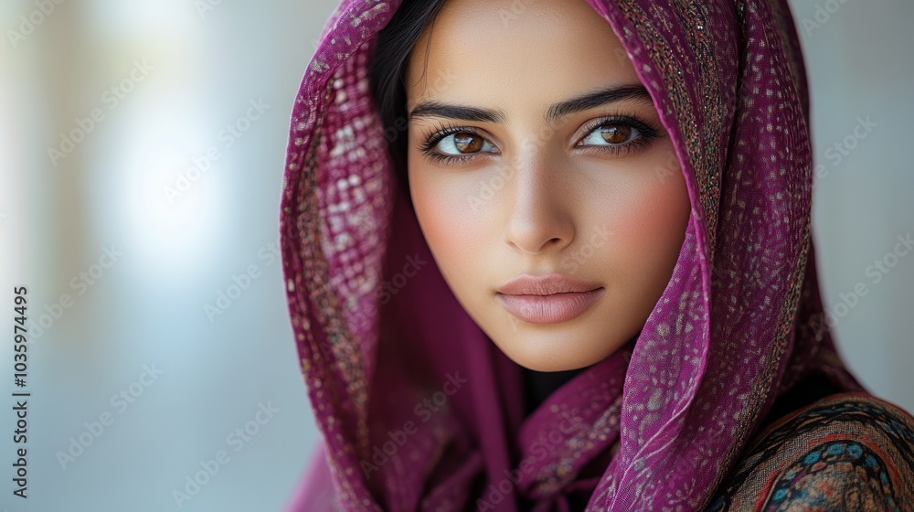 A young woman gazes intently while adorned in a flowing purple hijab, embodying grace A young woman gazes intently while adorned in a flowing purple hijab, embodying grace