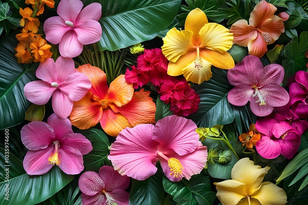 Tropical flowers and leaves arrangement Tropical flowers and leaves arrangement