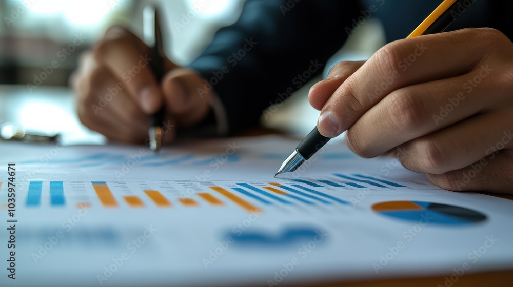 Professional businessman analyzing financial reports, spreadsheets, and graphs, highlighting financial planning and analysis, hand with pen shown Professional businessman analyzing financial reports, spreadsheets, and graphs, highlighting financial planning and analysis, hand with pen shown