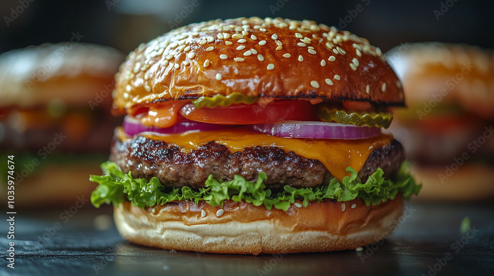 Close-up of a mouth-watering cheeseburger with fresh lettuce, tomato, onion, pickles, and melted cheddar on a sesame seed bun Close-up of a mouth-watering cheeseburger with fresh lettuce, tomato, onion, pickles, and melted cheddar on a sesame seed bun