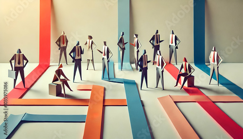 Origami Business Teamwork Scene with Folded Paper Figures in Minimalist Professional Setting Featuring Muted Color Strips and Business Interactions