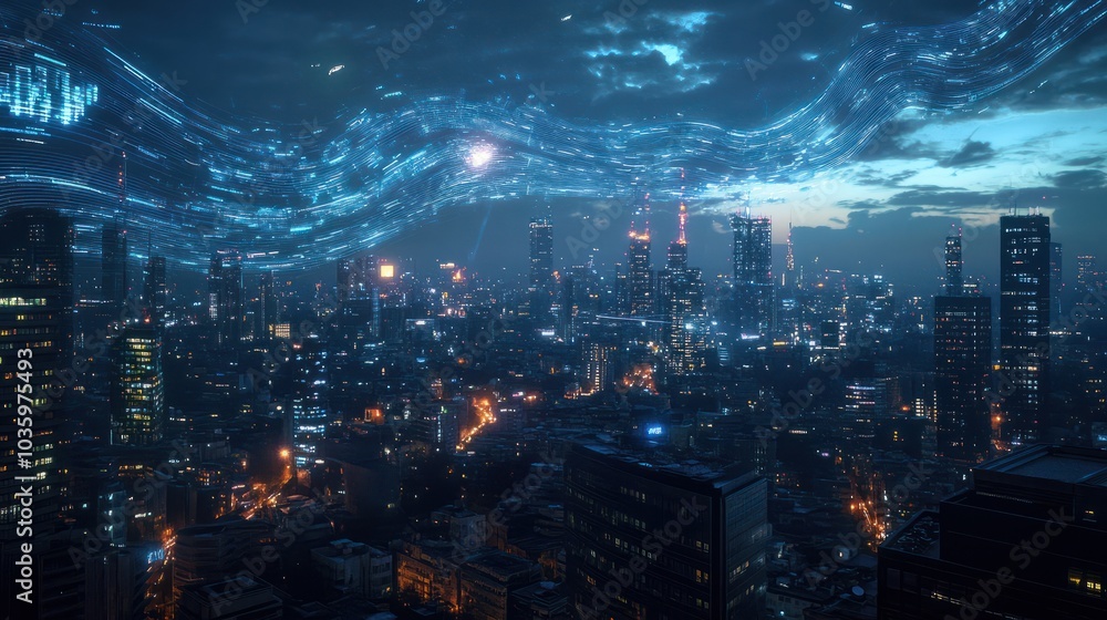 custom made wallpaper toronto digitalSmart city and big data connection technology concept with digital blue wavy wires with antennas on night megapolis city sky