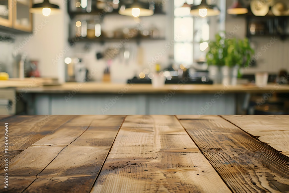 Empty wooden table for product placement in front of blurred kitchen interior background Empty wooden table for product placement in front of blurred kitchen interior background
