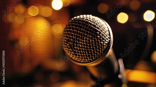 Close-up of microphone on stand in soundproof recording studio, positioned in front of script stand, symbolizing voice acting and audio production.