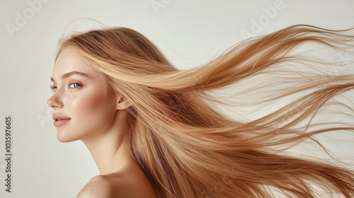  Illustration of a young woman with flowing blonde hair in motion, in a clean white background.