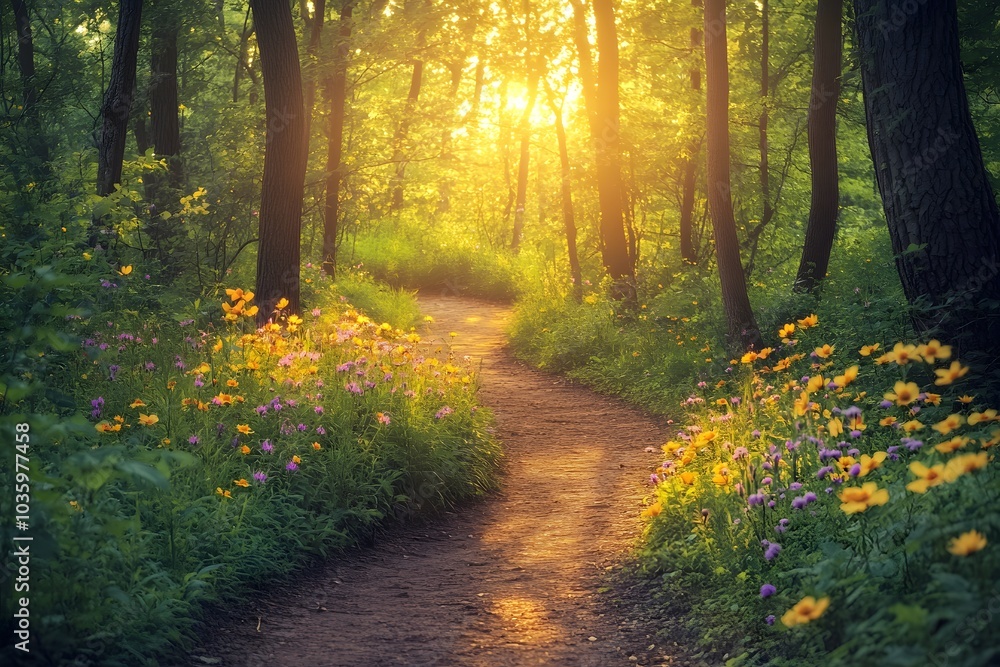 Naklejka premium Serene forest path lined with wildflowers
