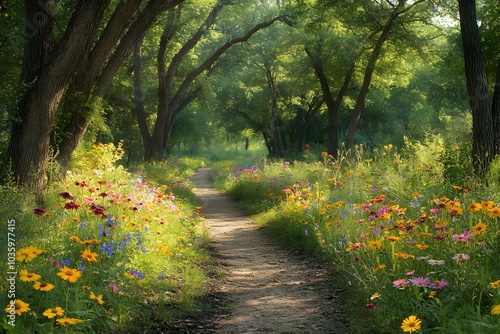 Fototapeta Naklejka Na Ścianę i Meble -  Serene forest path lined with wildflowers