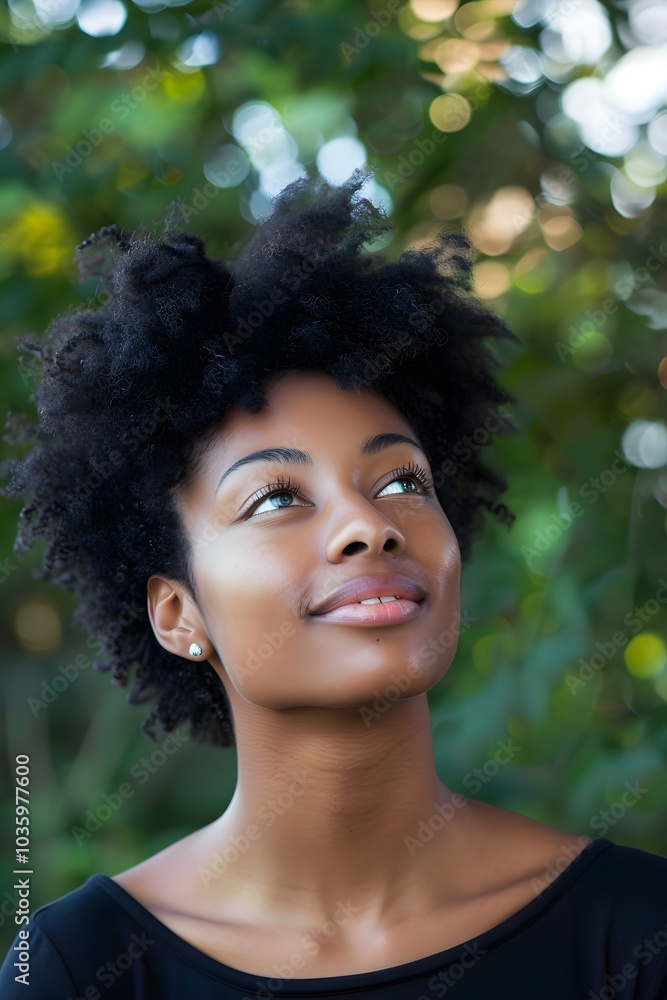 Happy black female with short curly hair.Natural background Happy black female with short curly hair.Natural background