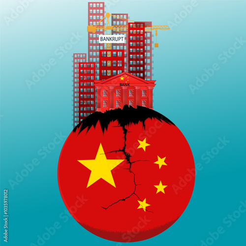 China flags ball collapses China's Banking System crisis developed from property sector bankrupt, financial crisis, Real Estate slump, stock market decline in China Asia	