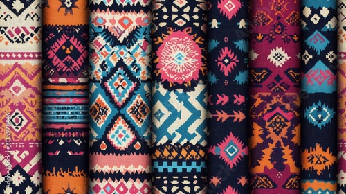 Ethnic ikat patterns featuring geometric native tribal designs boho motifs Aztec inspired textiles mandalas and floral elements photo