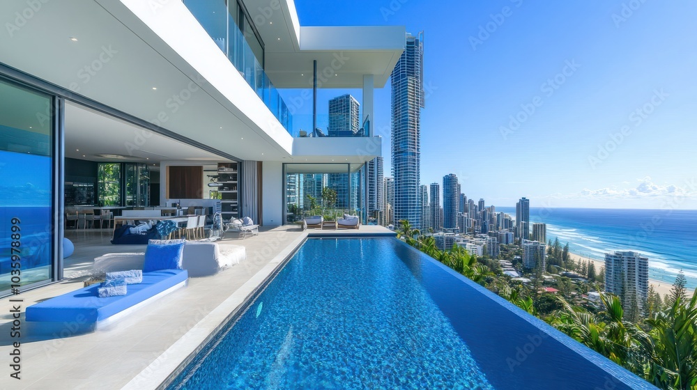 A modern two-level house with an infinity pool and balcony, featuring blue accents, set against the backdrop of Australia's iconic Gold Coast A modern two-level house with an infinity pool and balcony, featuring blue accents, set against the backdrop of Australia's iconic Gold Coast
