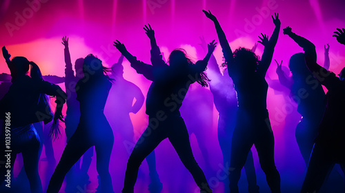 Silhouette image of people in ultraviolet light dance in disco night club to music from DJ on stage . New year night party and nightlife concept .