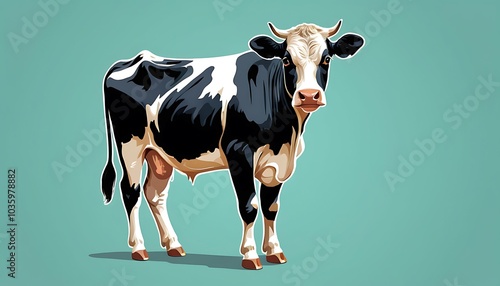 Real cow black and white color body animal  real or illustration art image, background solid color. ganarated by ai image. photo