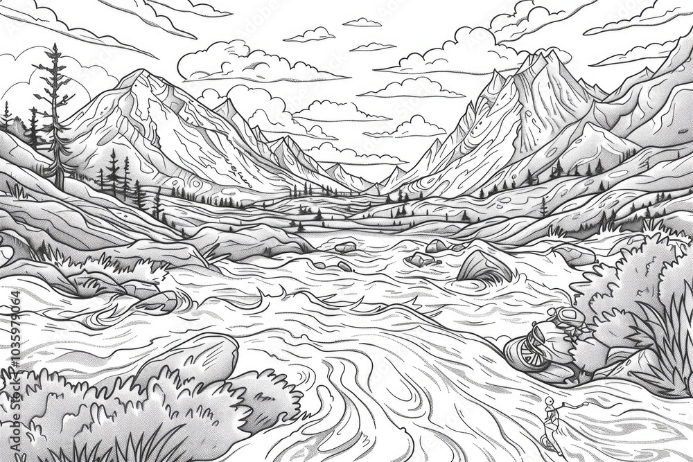 Fototapeta premium Coloring book illustration of panoramic view of speed riding in mountainous terrain