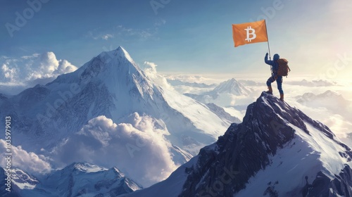 A mountaineer reaches the summit, proudly holding a bitcoin flag at the mountain s peak photo