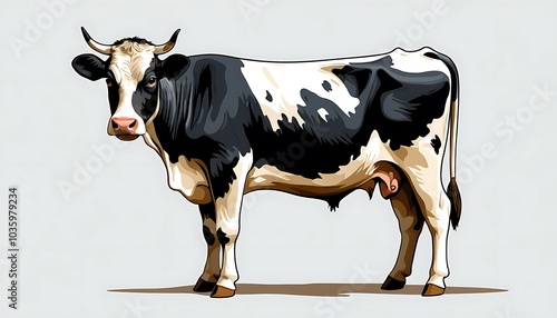 Real cow black and white color body animal  real or illustration art image, background solid color. ganarated by ai image. photo