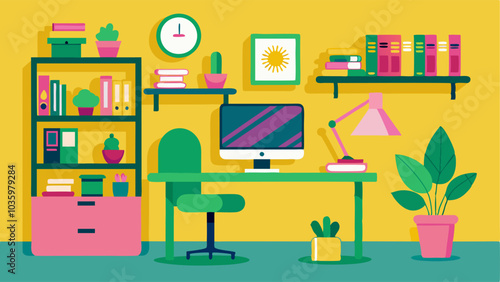 The home office is a maximalist paradise with a bright yellow desk a pink and green patterned accent wall and shelves filled with books and colorful trinkets.