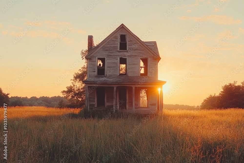 Abandoned wooden house crumbling in field at sunset Abandoned wooden house crumbling in field at sunset