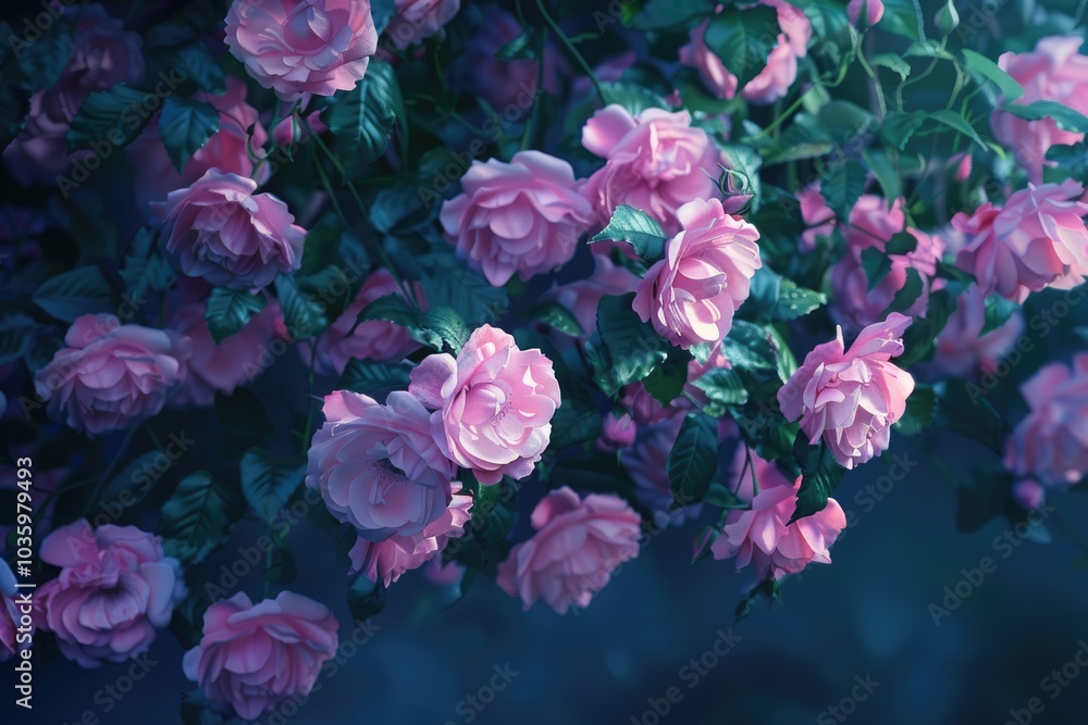 Obraz premium Dark background with beautiful pink Damask roses. Luxurious romantic wallpaper.