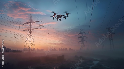 a drone flying over power lines
