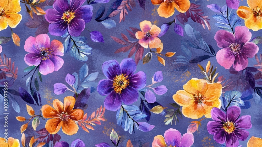 Obraz premium Floral seamless pattern featuring vibrant watercolor illustrations of fantasy flowers leaves and buds on a textured background