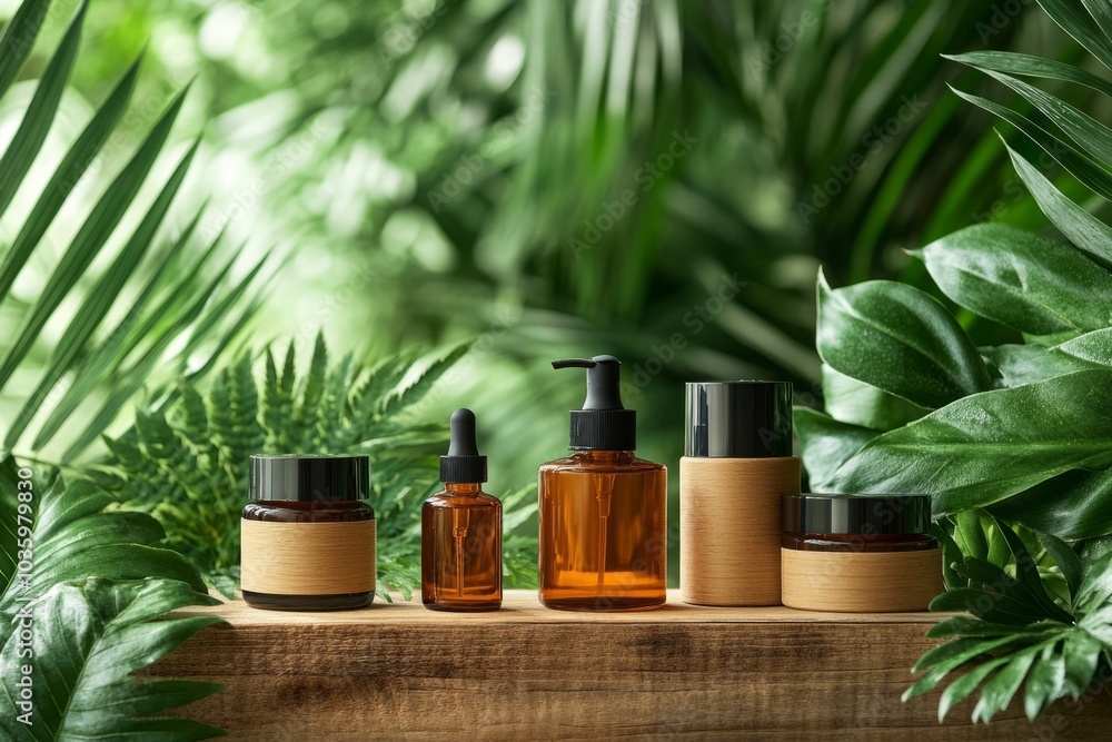 Bottles of essential oil standing on wooden surface Bottles of essential oil standing on wooden surface