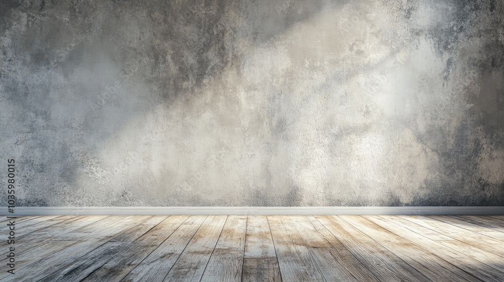 3D rendering of an empty room featuring a plaster wall and grey background 3D rendering of an empty room featuring a plaster wall and grey background