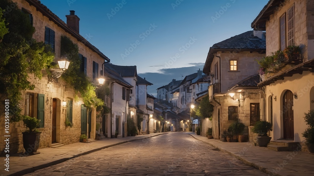 Naklejka premium Charming Cobblestone Street Illuminated by Vintage Lamps in a Quiet Village at Dusk