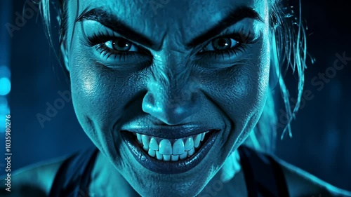 A close-up of a woman's face, illuminated in blue light, with a menacing expression