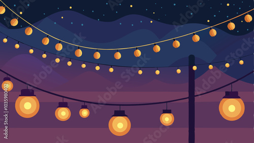 String lights hang from the ceiling creating a warm and inviting atmosphere in the evening.