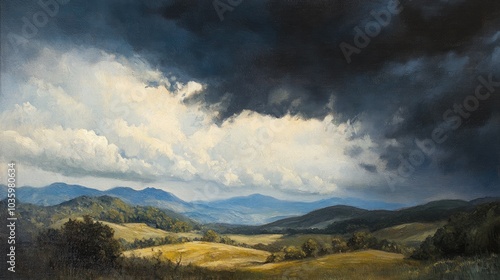 Oil painting showcasing a stunning atmospheric landscape with dramatic skies and rolling hills in a mountainous setting